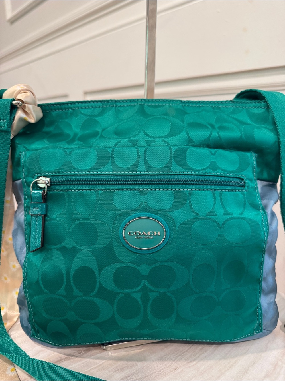 Coach Bag Getaway Green Blue Colorblock  Signature Logo Jacquard Crossbody Bag - Picture 5 of 17